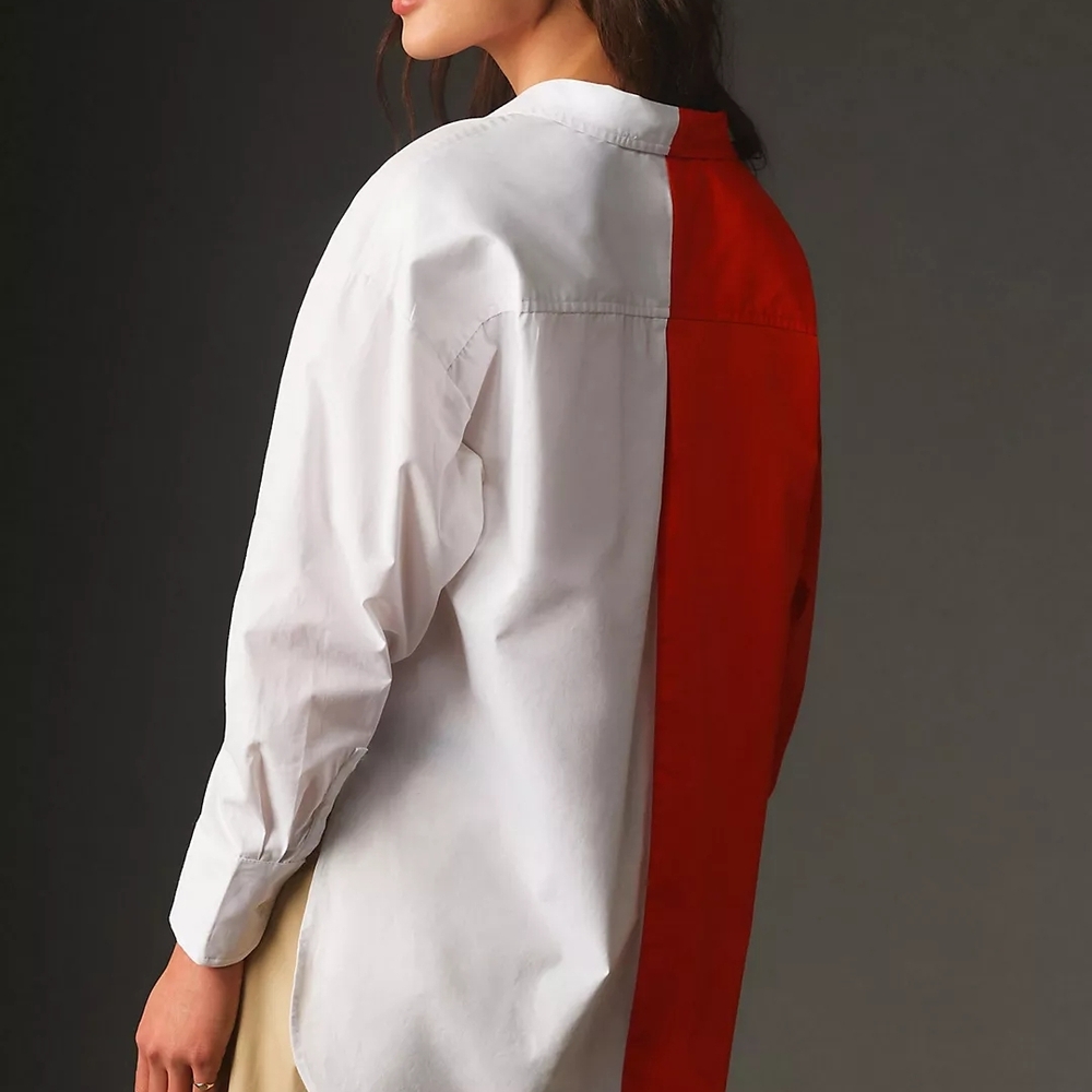 Anthropologie White and Orange The Bennett Side-Panel Button Down Cotton Shirt